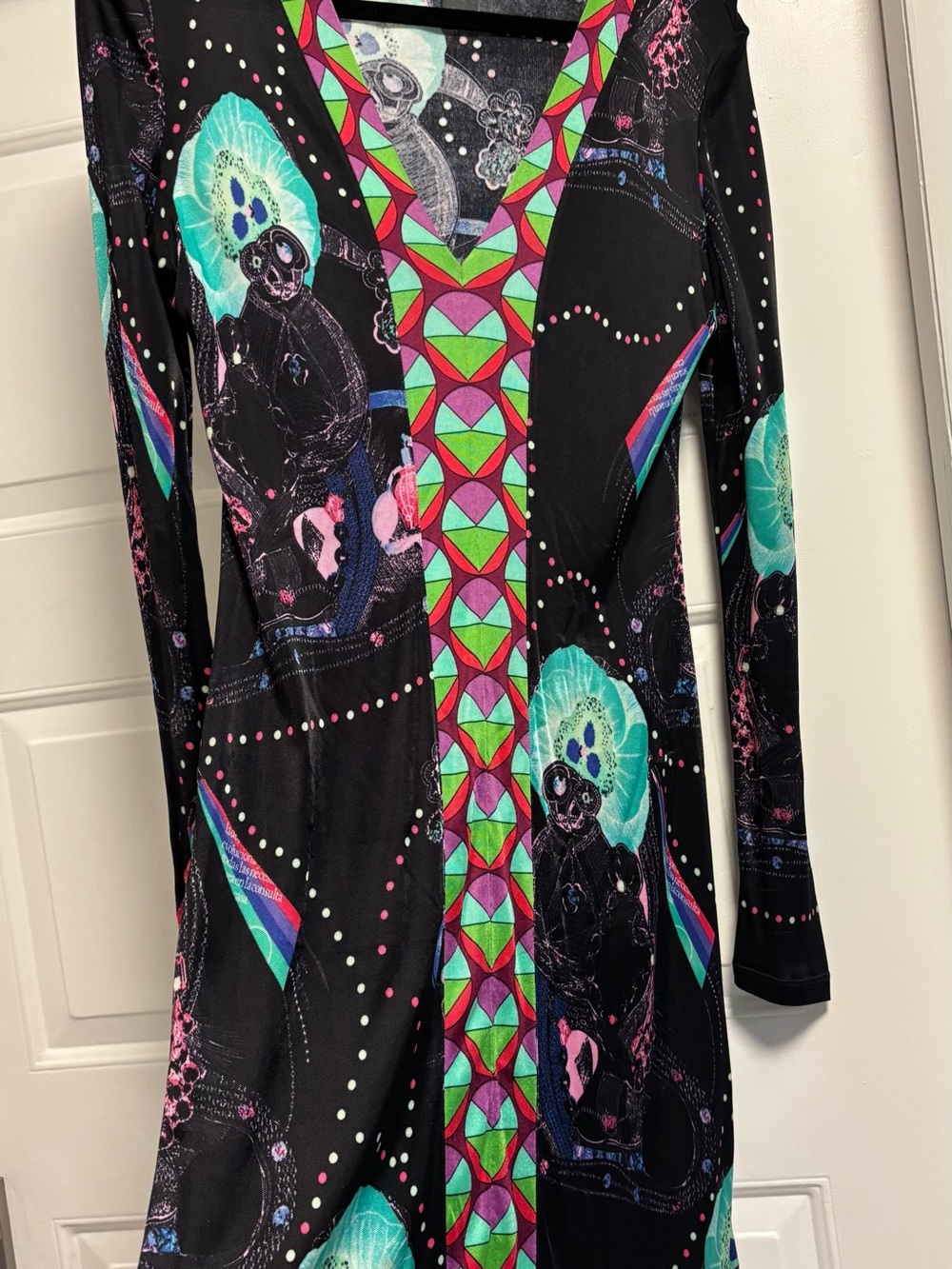 Custo Barcelona Black Long Sleeve Dress with Neon Geometric & Teal Motif